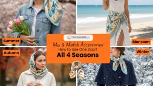 Woman demonstrating how to use scarf in different stylish ways